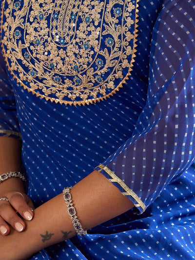 Indyancart IE Leheriya Embroidered Georgette Straight Kurta With Trousers & Dupatta