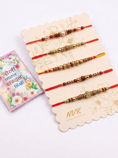 Anouk Set Of 5 Multicolor Designer Thread Rakhi With Roli Chawal Chandan Mishri