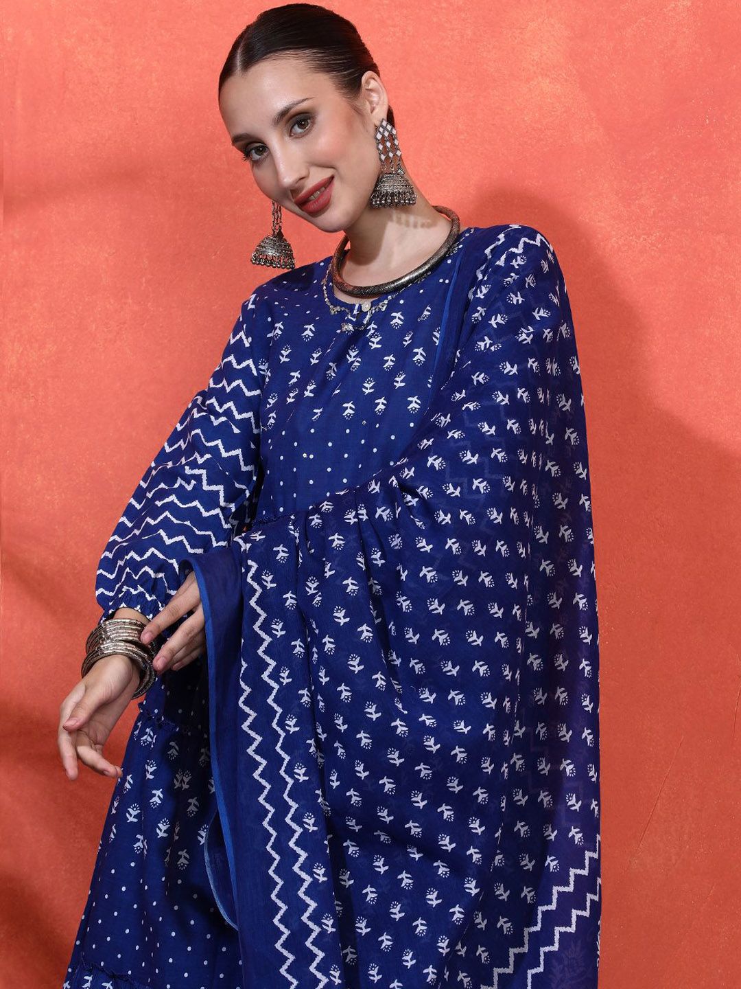 Indyancart SN Women's Floral Printed Pure Cotton A-Line Kurta & Trousers With Dupatta