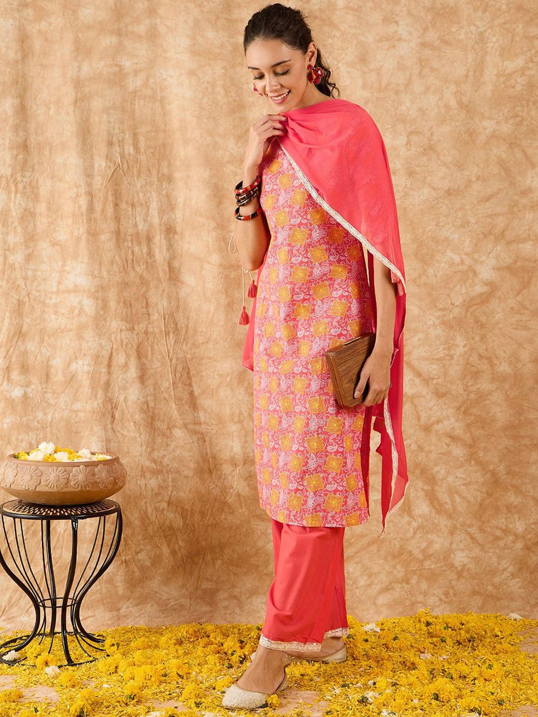 Paisley Printed Straight Kurta With Trousers & Dupatta