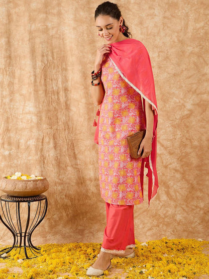 Paisley Printed Straight Kurta With Trousers & Dupatta