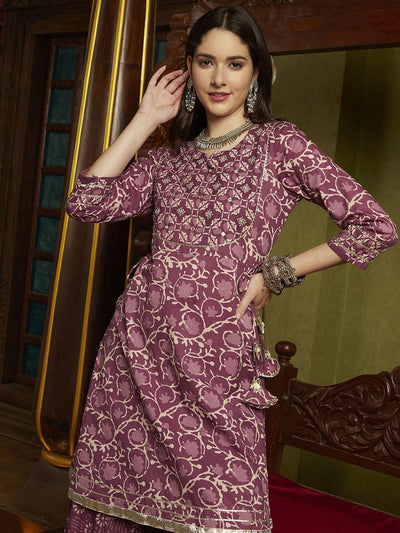 Indyancart SN Women's Purple Floral Printed Notch-Neck Pure Cotton A-Line Kurta With Sharara & Dupatta.