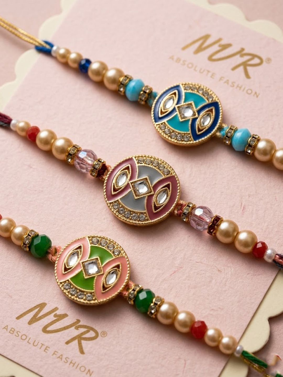Anouk Set Of 3 Multicolor Artificial Stones & Beads Thread Rakhi With Roli Chawal Chandan