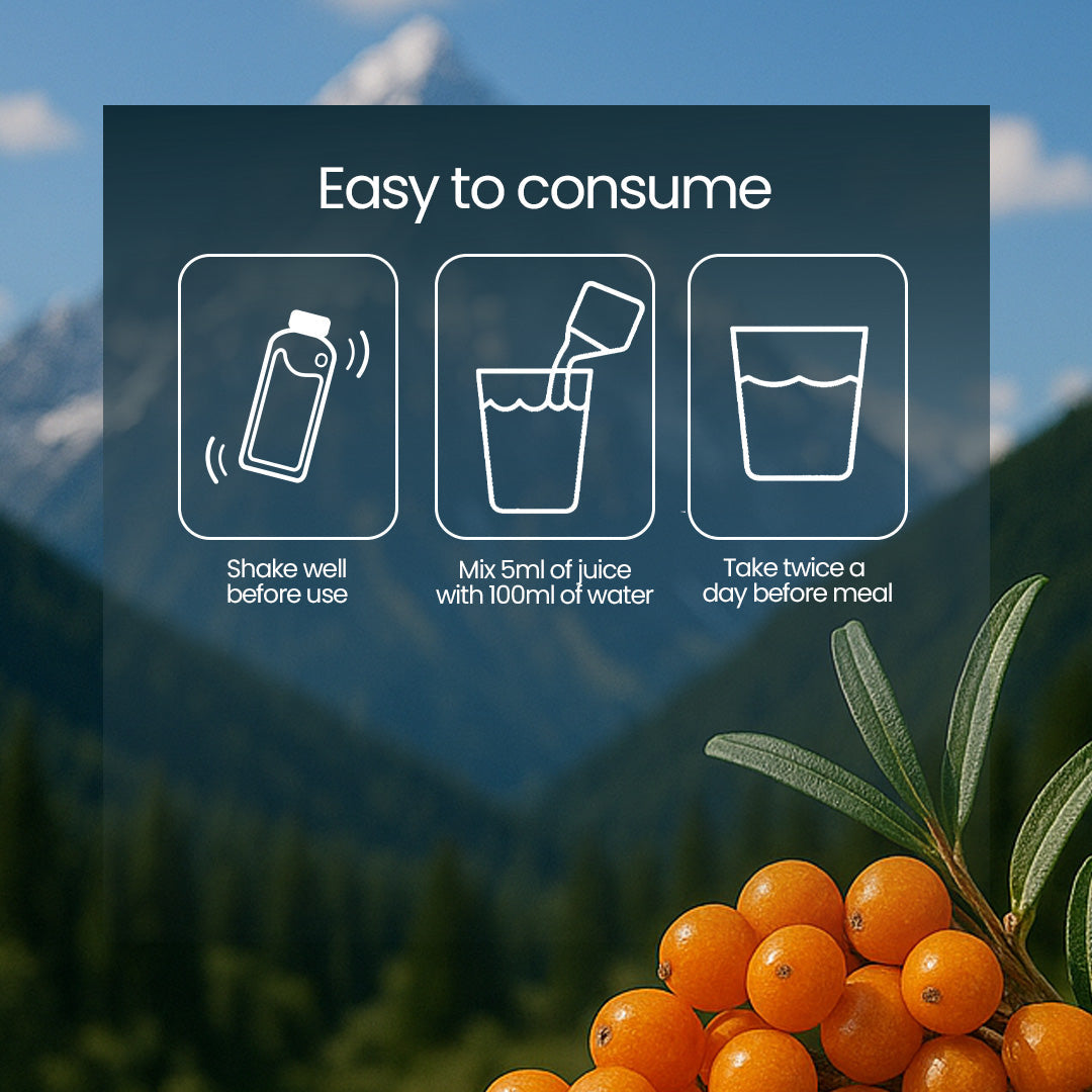 Krishna's Herbal & Ayurveda Sea Buckthorn Juice in a glass with fresh sea buckthorn berries and leaves, showcasing natural ingredients.