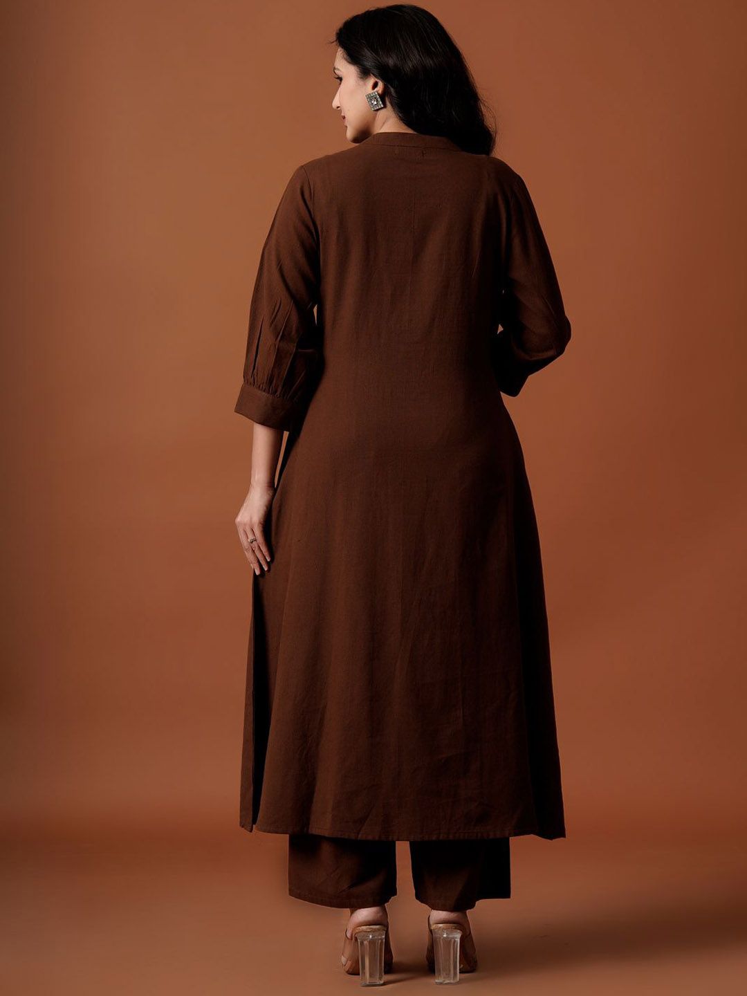 Indyancart IE Embroidered Mandarin Collar Pure Cotton A-Line Top With Trousers