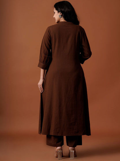 Indyancart IE Embroidered Mandarin Collar Pure Cotton A-Line Top With Trousers