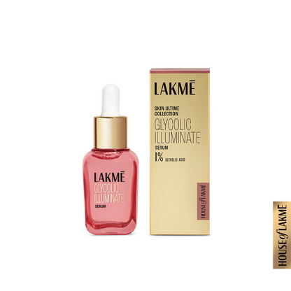 Lakme Glycolic Illuminate Serum bottle with dropper, featuring clear packaging and light-colored liquid inside.