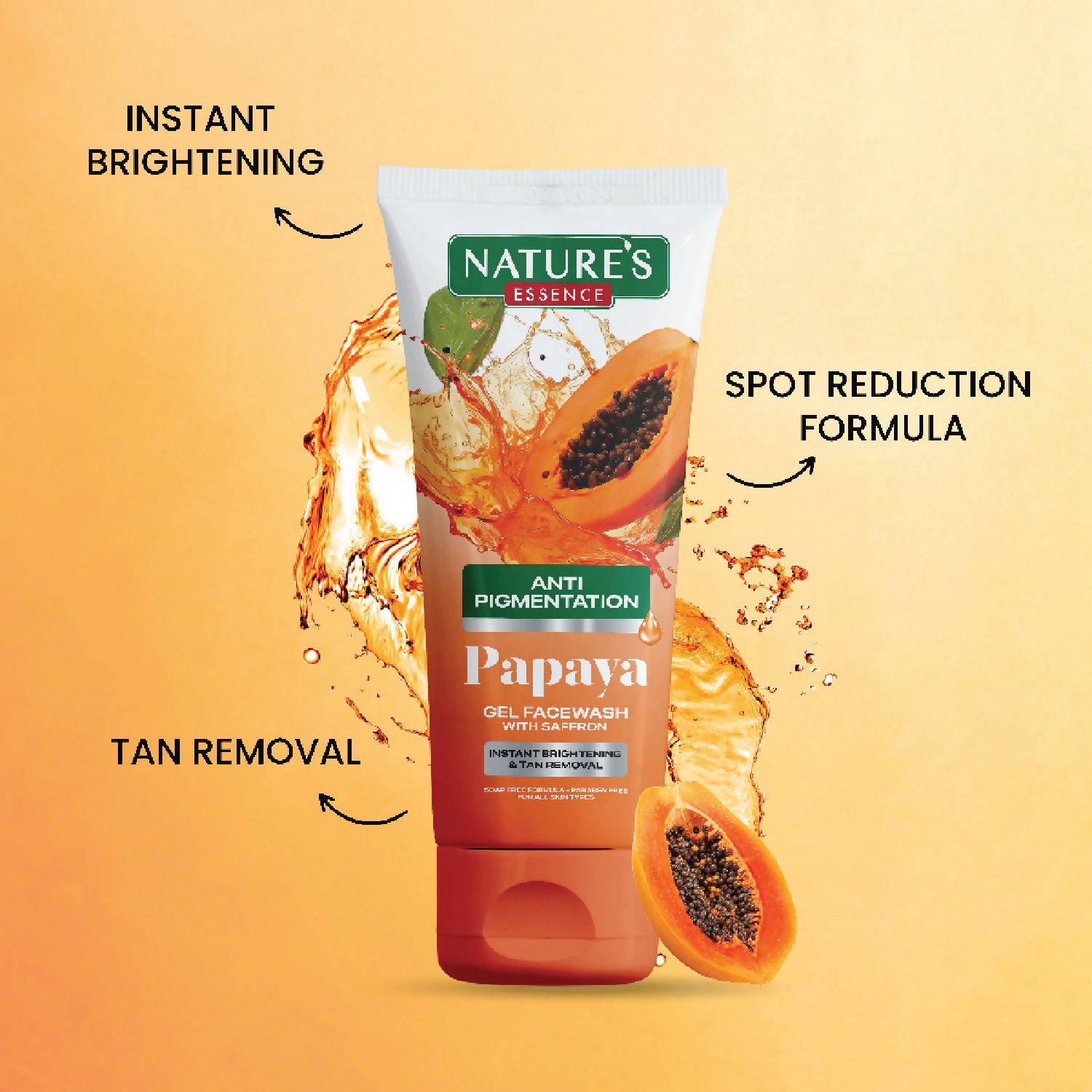 Nature's Essence Anti-Pigmentation Papaya Gel Face Wash in a tube, showing the product label and packaging design.