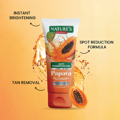 Nature's Essence Anti-Pigmentation Papaya Gel Face Wash in a tube, showing the product label and packaging design.