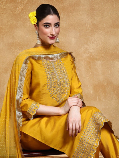 Indyancart VA Women Ethnic Motifs Embroidered Regular Thread Work Kurta with Palazzos & With Dupatta