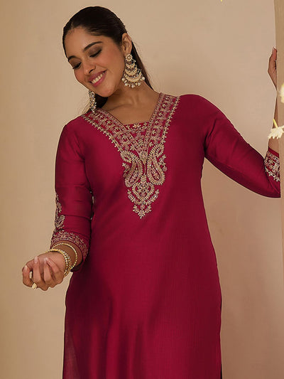Indyancart IE Women's Women Ethnic Motifs Embroidered Regular Liva Straight Kurta with Trousers