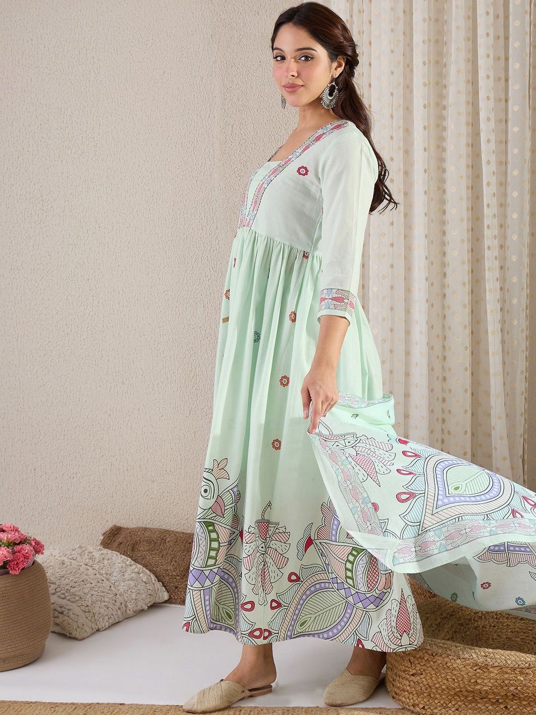 Women Ethnic Motifs Embroidered Panelled Thread Work Pure Cotton Kurta with Trousers & With Dupatta