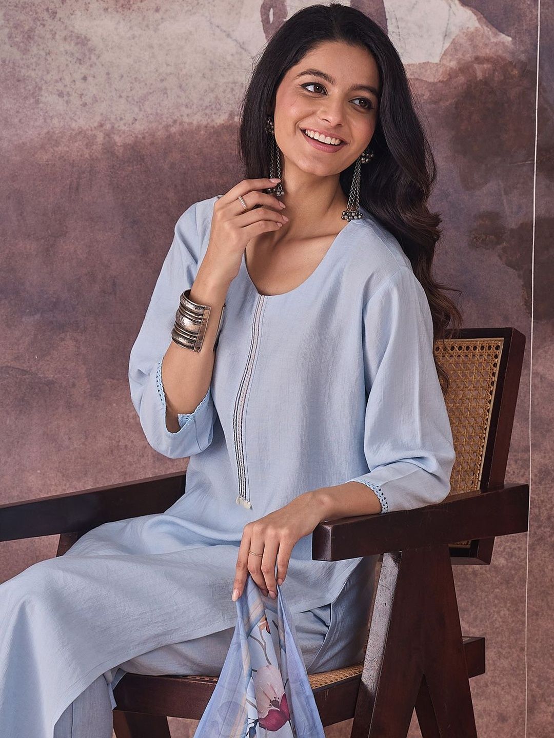 Self Design Regular Thread Work Kurta With Trousers & Dupatta