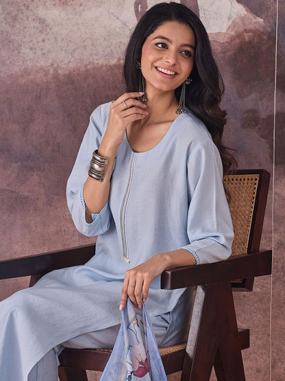 Self Design Regular Thread Work Kurta With Trousers & Dupatta