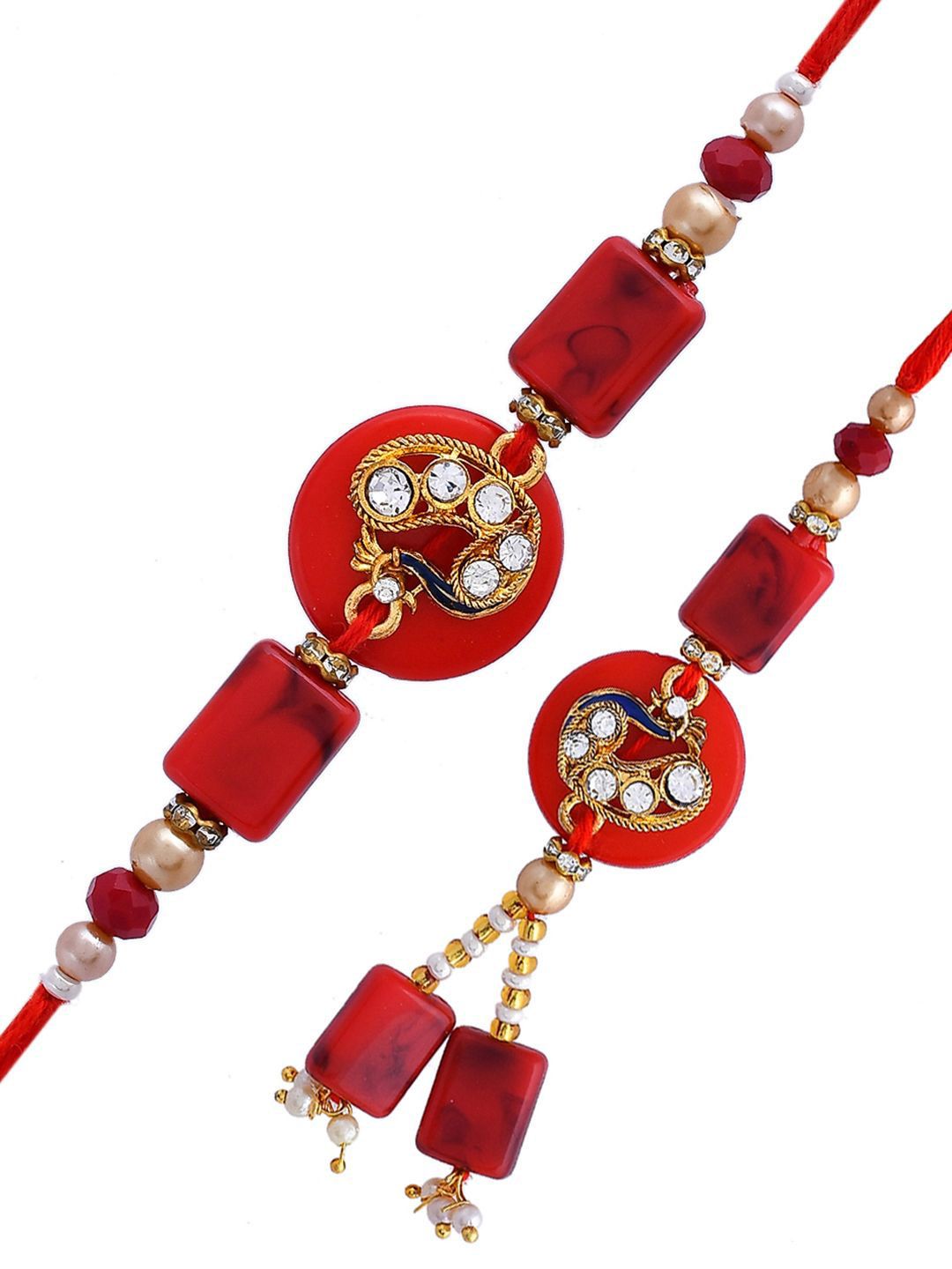 Anouk Gold-Toned Set Of 2 Stones Studded & Beaded Thread Rakhis With Roli Chawal