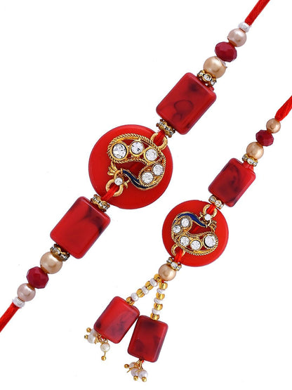 Anouk Gold-Toned Set Of 2 Stones Studded & Beaded Thread Rakhis With Roli Chawal