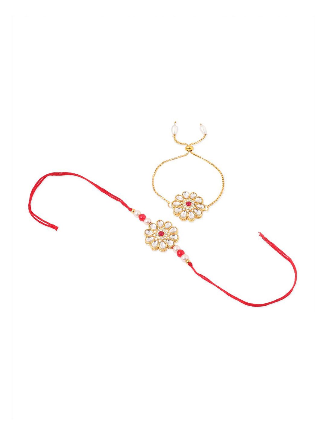 Anouk Set Of 2 Gold Toned Kundan Floral Design Bhaiya Bhabhi Rakhi Set With Roli Chawal