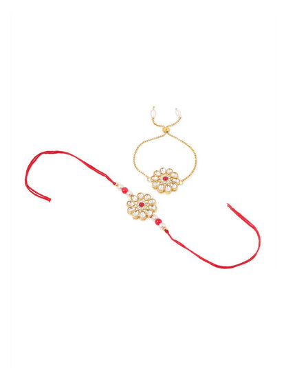 Anouk Set Of 2 Gold Toned Kundan Floral Design Bhaiya Bhabhi Rakhi Set With Roli Chawal