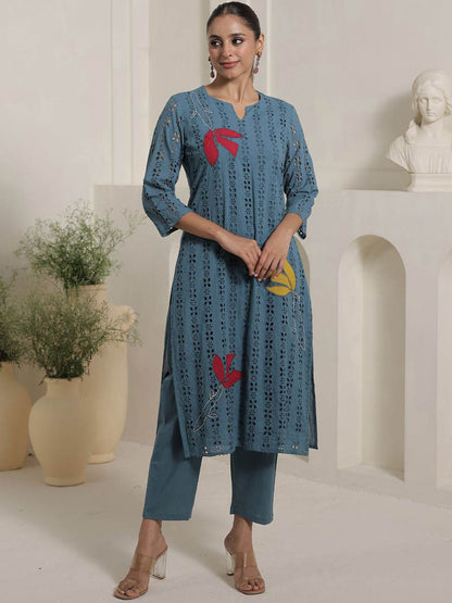 Women Embroidered Pure Cotton Kurta With Trouser