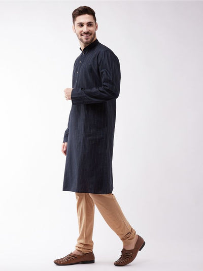 Men's Navy Blue Cotton Blend Straight Kurta Pyjama Set