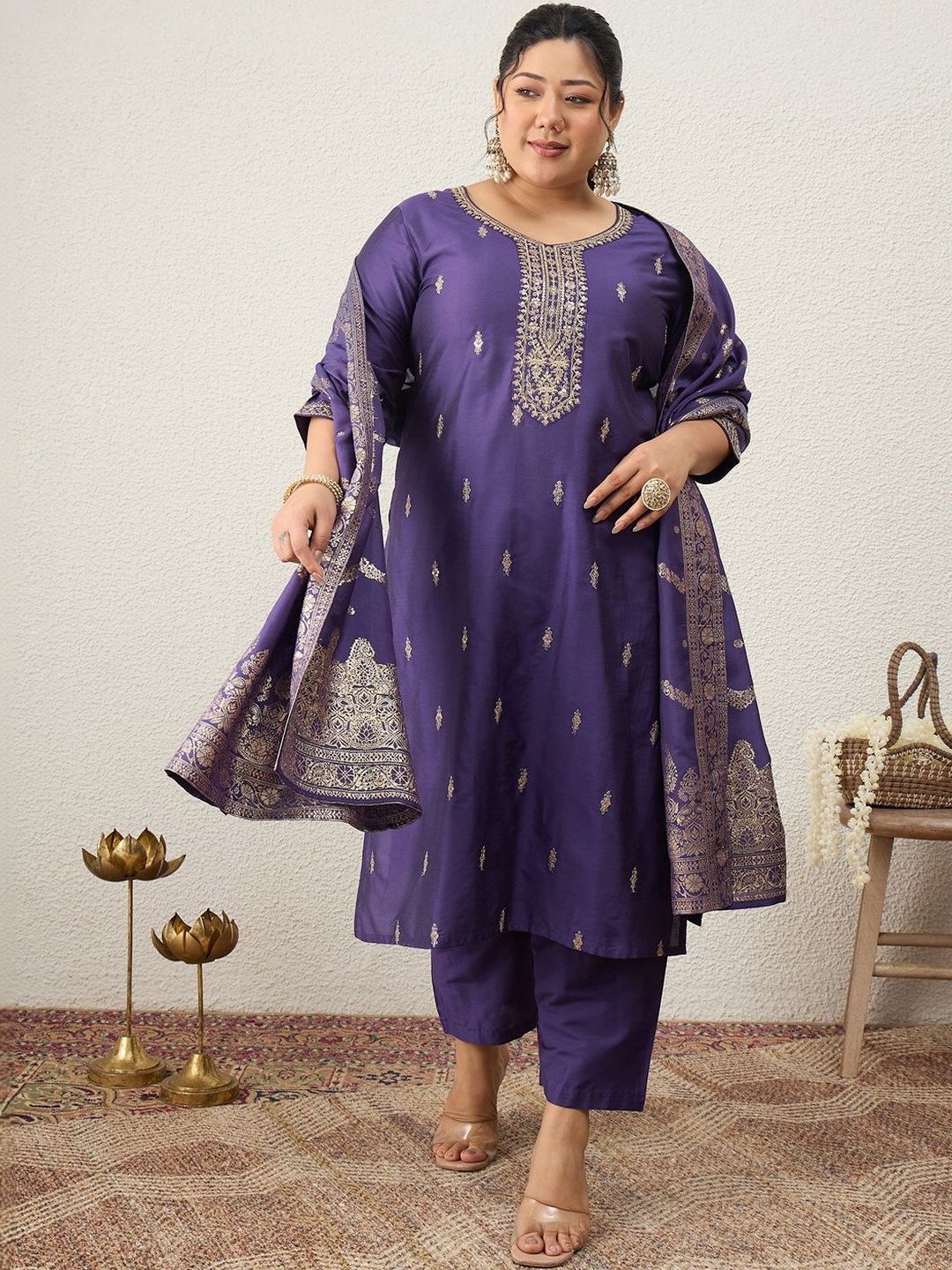 Indyancart Women's Ethnic Motifs Embroidered Regular Kurta with Trousers & With Dupatta