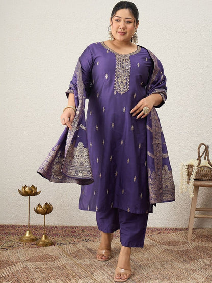 Indyancart Women's Ethnic Motifs Embroidered Regular Kurta with Trousers & With Dupatta