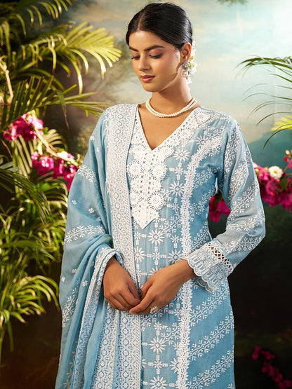 Women Ethnic Motifs Embroidered Cotton Kurta with Trousers & Dupatta