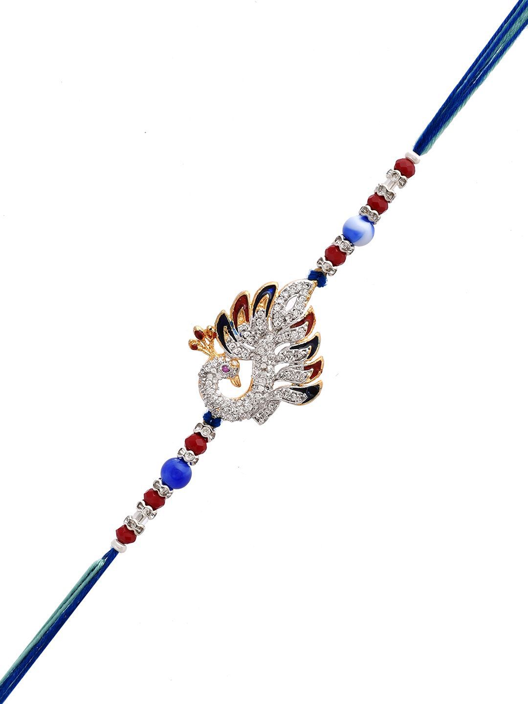 Anouk Blue Swarowski Embellished Peacock Thread Rakhi With Roli Chawal & Greeting Card