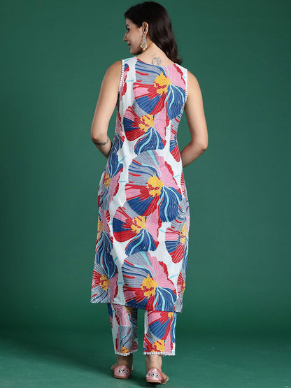 Floral Printed V-Neck Straight Pure Cotton Kurta With Trousers