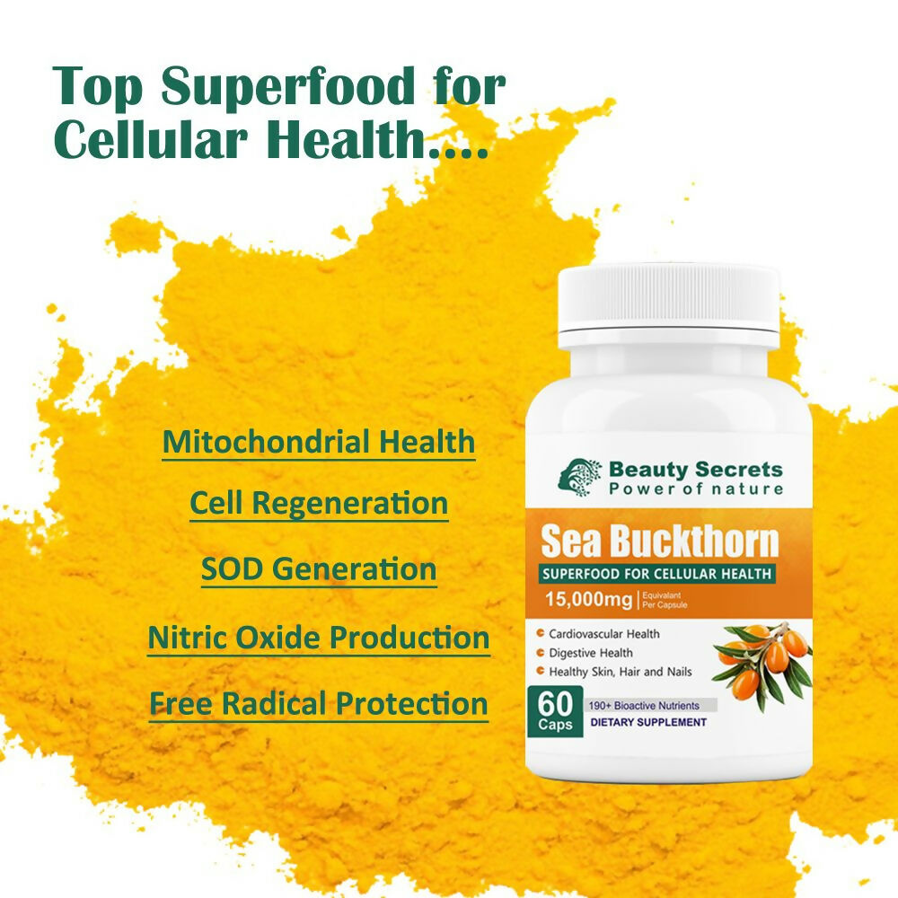 Beauty Secrets Himalayan Sea Buckthorn Capsules in Ayurvedic capsule form, showcasing vibrant orange capsules on a white background.