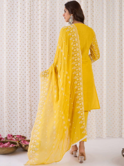 Women Ethnic Motifs Embroidered Cotton Kurta with Trousers & Dupatta