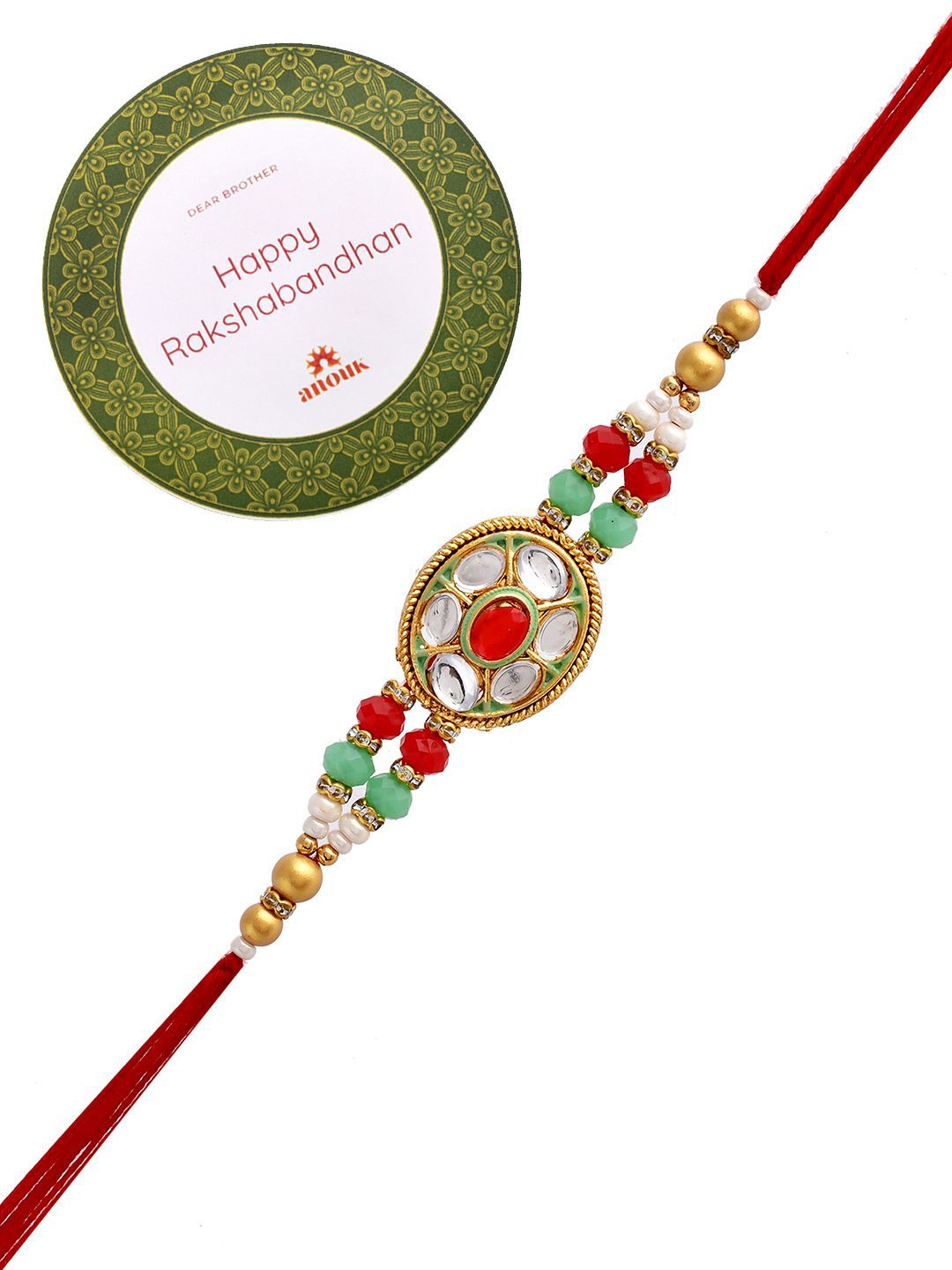 Anouk Gold-Toned Kundan-Studded & Beaded Rakhi With Roli Chawal & Greeting Card