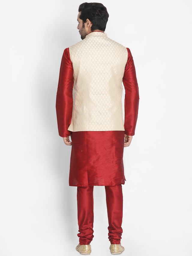 Men's Maroon Silk Blend Straight Jacket  Kurta and Pyjama Set