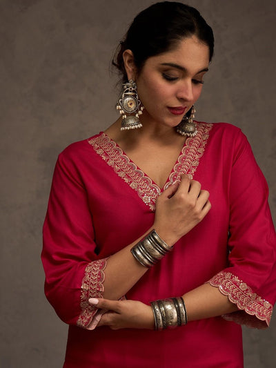 Indyancart IE Embroidered Viscose Rayon Straight Thread Work Kurta With Trousers