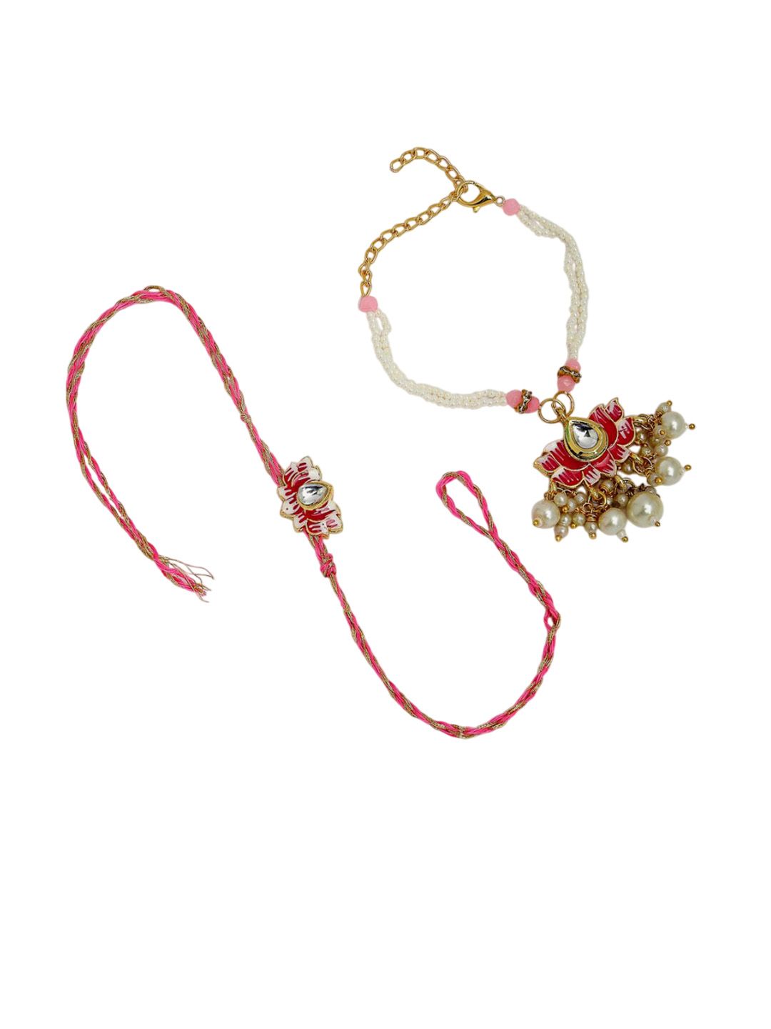 Anouk Unisex Set Of 2 Pink Lotus Shape Kundan-Studded & Beaded Wraparound Rakhi Set