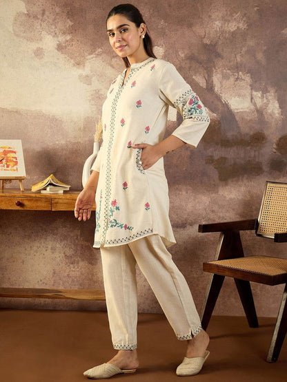 Dhiyona IE Embroidered Pure Cotton Mandarin Collar Neck Top With Trousers A-Line Co-Ords
