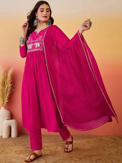 Indyancart SN Women's Embroidered Notch Neck A-Line Kurta With Trousers & Dupatta