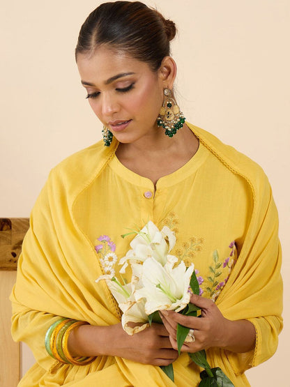 Women Floral Embroidered Panelled Thread Work Pure Cotton Kurta with Trousers & With Dupatta