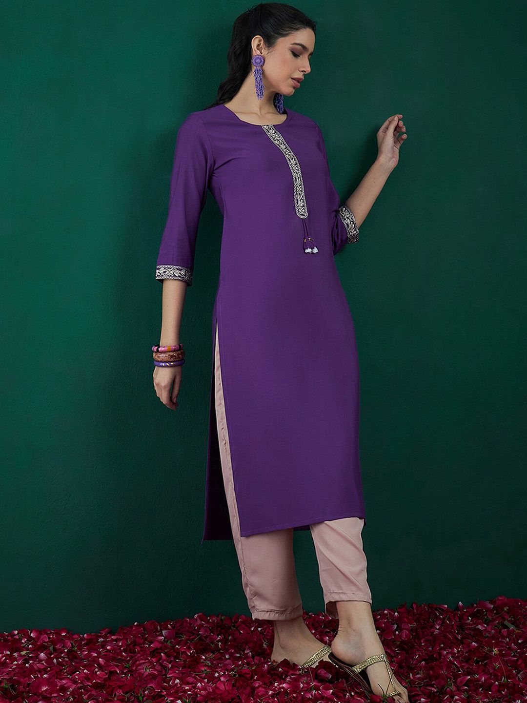 Indyancart IE Pack of 2 Round Neck Ethnic Embroidered Chanderi Silk Straight Kurta
