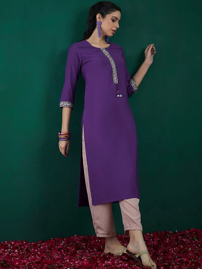 Indyancart IE Pack of 2 Round Neck Ethnic Embroidered Chanderi Silk Straight Kurta