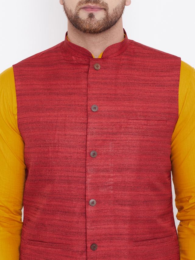 Men's Mustard Cotton Blend Straight Jacket  Kurta and Pyjama Set