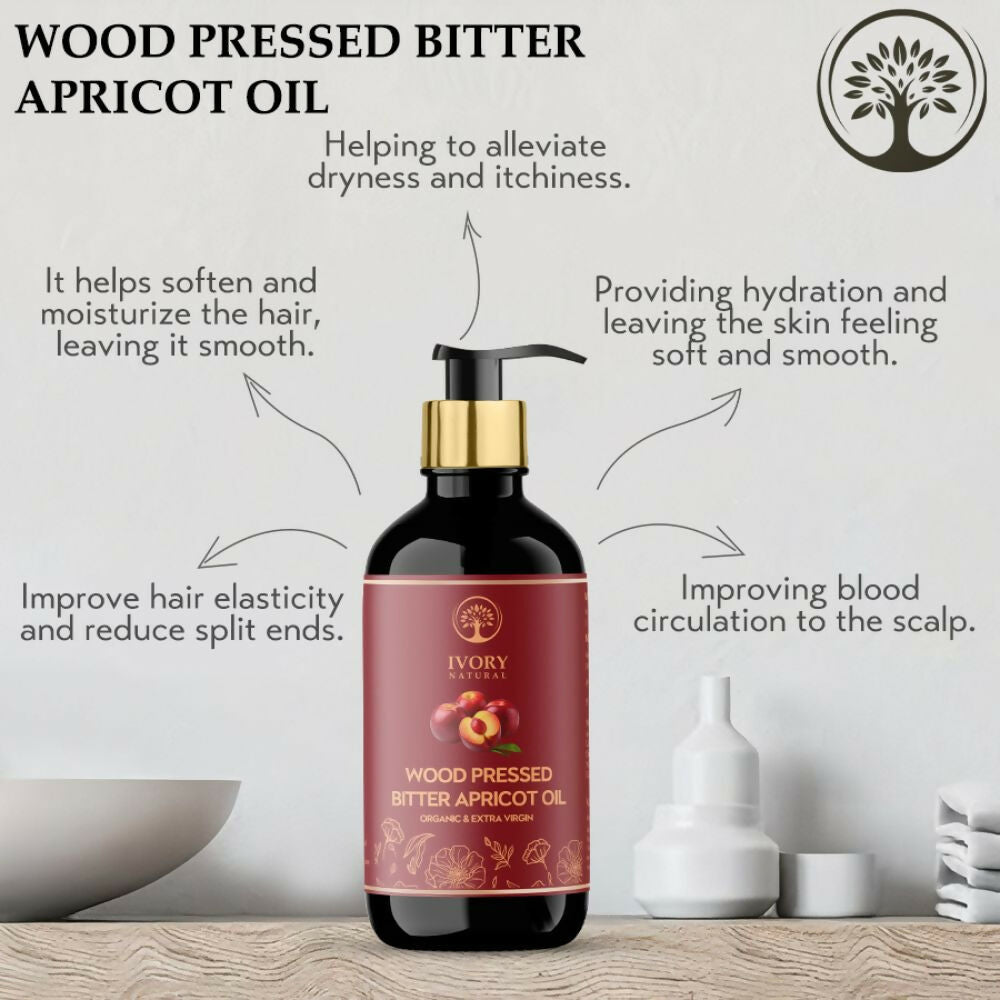 Ivory Natural pressed bitter apricot oil bottle, natural organic hair oil for deep moisturization and gentle hydration, with a youthful glow.