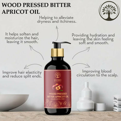 Ivory Natural pressed bitter apricot oil bottle, natural organic hair oil for deep moisturization and gentle hydration, with a youthful glow.