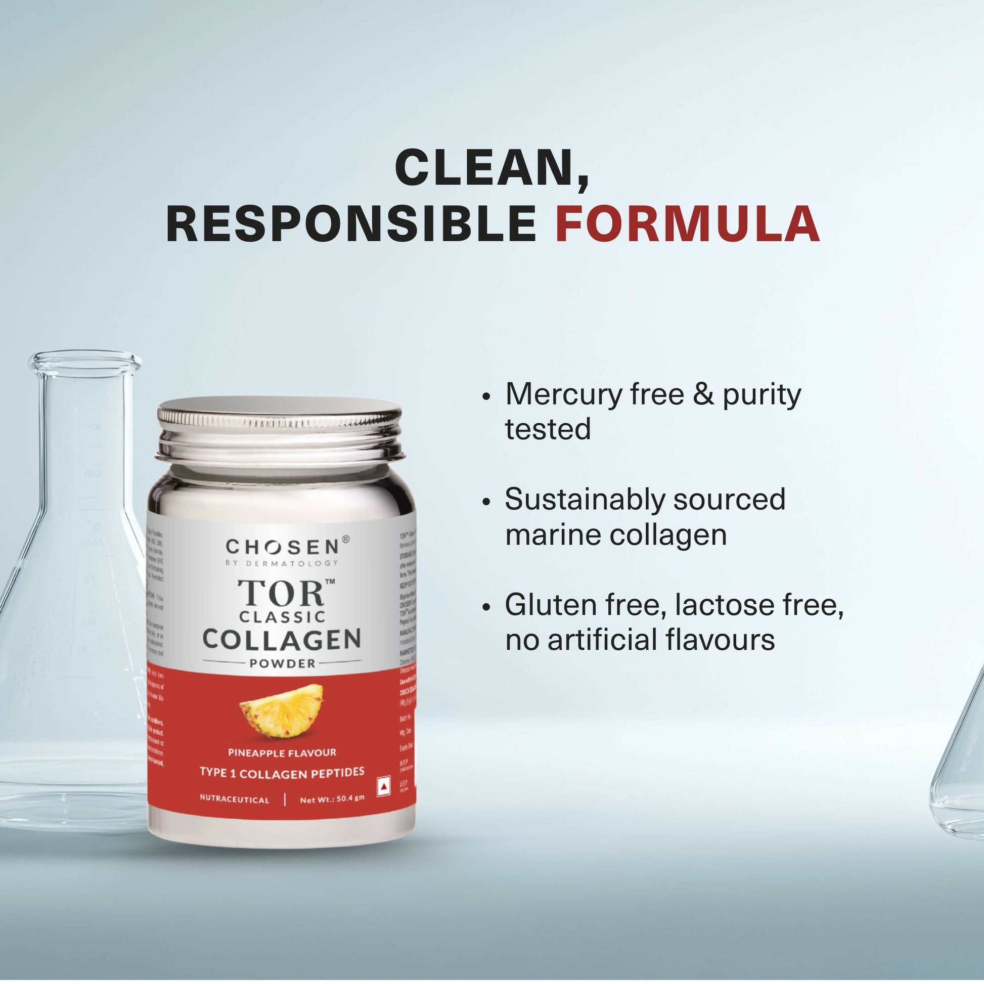 Chosen Tor Classic Marine Collagen Powder for skin, hair, and joint health, shown in a clear container with a scoop.