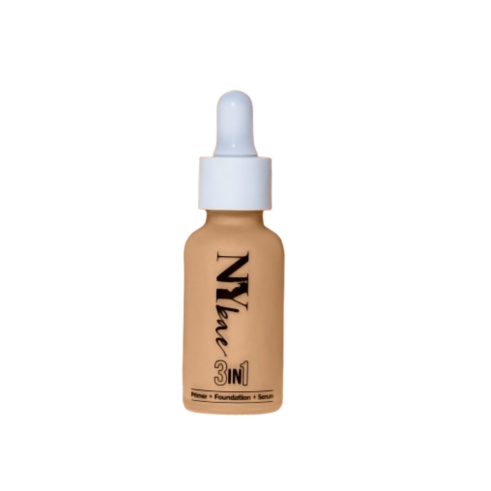 NY Bae 3-in-1 serum foundation with primer in Warm Milk 09, showing a sleek bottle with product label and applicator.