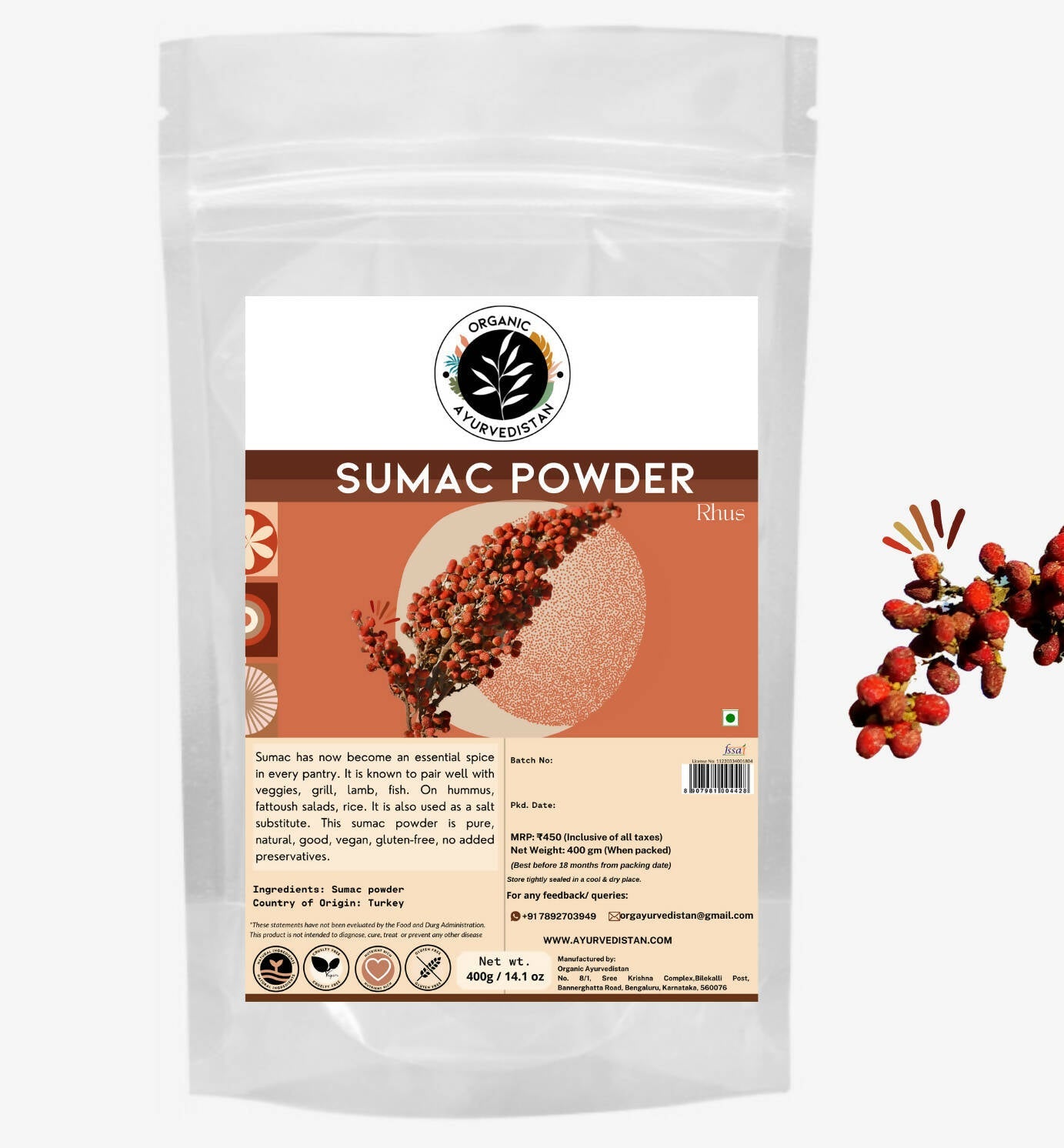 Organic Ayurvedistan Sumac Powder in a glass jar, showing vibrant red spice granules for Ayurvedic cooking and herbal remedies.