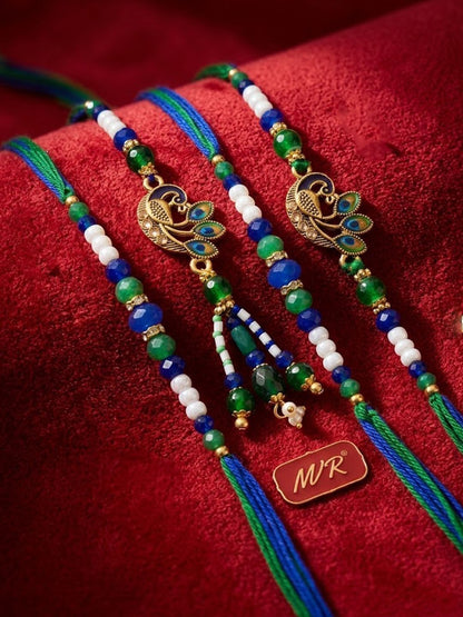 Anouk Set Of 4 Green Peacock Design Artificial Beads Thread Rakhi With Roli Chawal