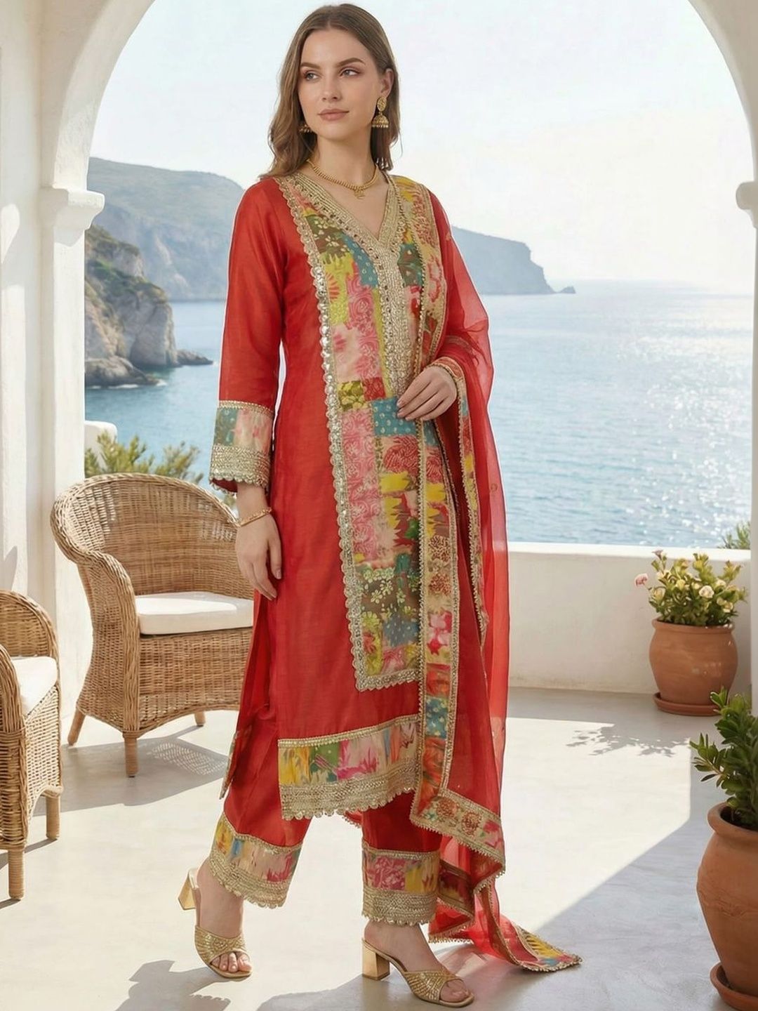 Indyancart IE Women Floral Printed Regular Gotta Patti Kurta with Palazzos & With Dupatta