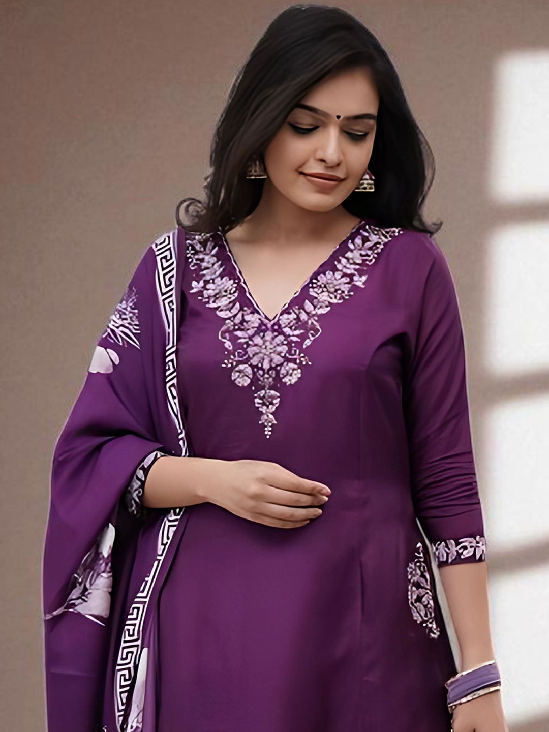 Indyancart SN Women's Floral Embroidered Pure Cotton A-Line Kurta with Churidar & Dupatta