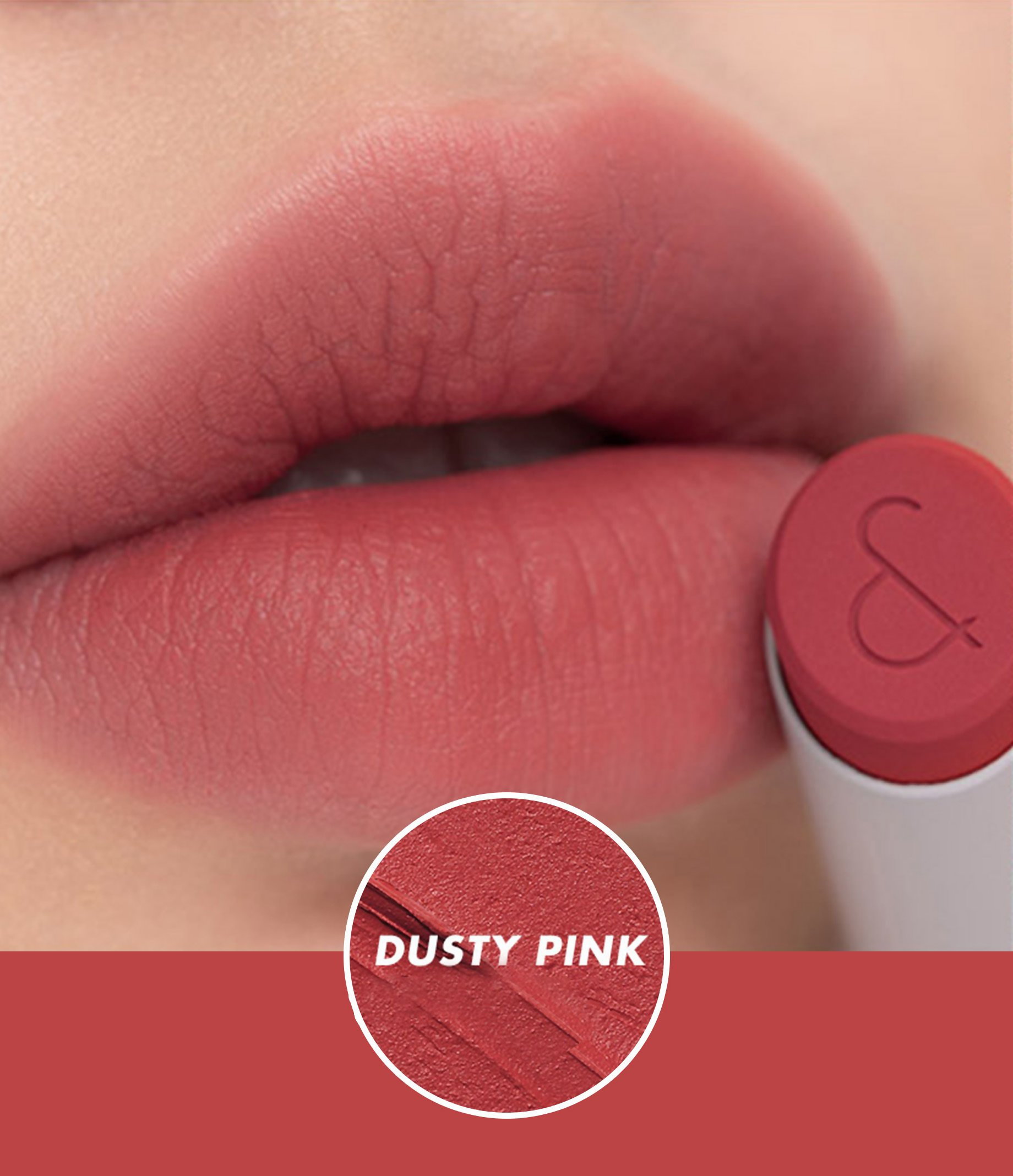 Rom&nd Zero Matte Lipstick in Dusty Pink, showcasing a soft pink lipstick with matte finish in a sleek tube.